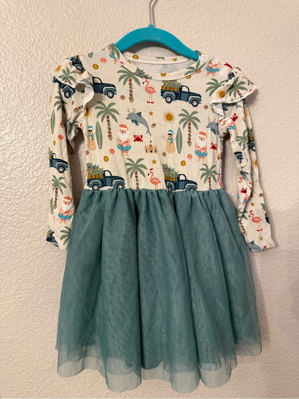 Girls Teal Tulle Skirt Holiday Print Dress - Casual Long Sleeve